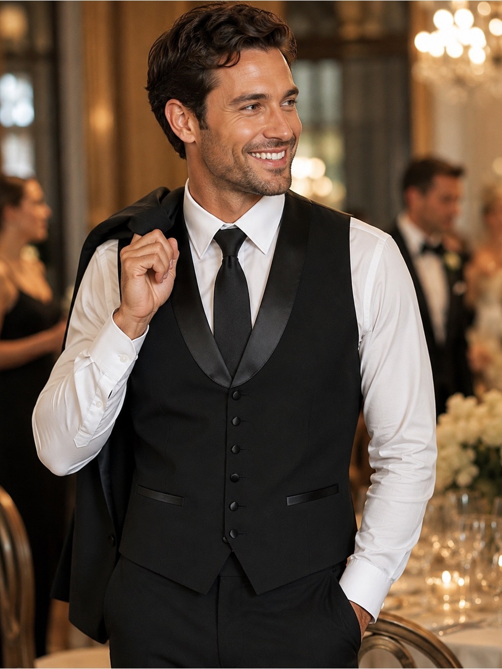 Lord West Black Tuxedo Vest Size L Satin Shawl Lapel Formal/Wedding/Prom exc con